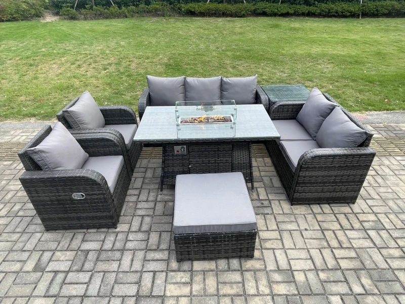Image of Fimous PE Wicker Outdoor Rattan Garden Furniture Set Propane Gas Fire Pit Table and Sofa Chair set with Side Table Big Footstool Dark Grey