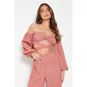 Image of I Saw It First Rose Textured Off The Shoulder Long Sleeve Crop Top Co-Ord - Pink