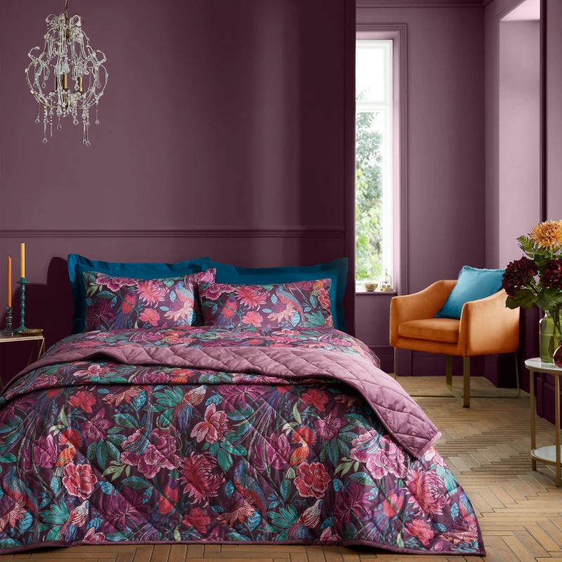 Image of Bridgerton By Catherine Lansfield 'Kate Floral' Soft Velvet Quilted Bedspread Plum