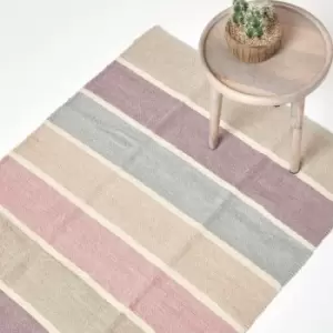 Image of Cotton Chenille Striped Rug Blue Beige Purple Grey Natural, 90 x 150cm - Multi Colour - Homescapes