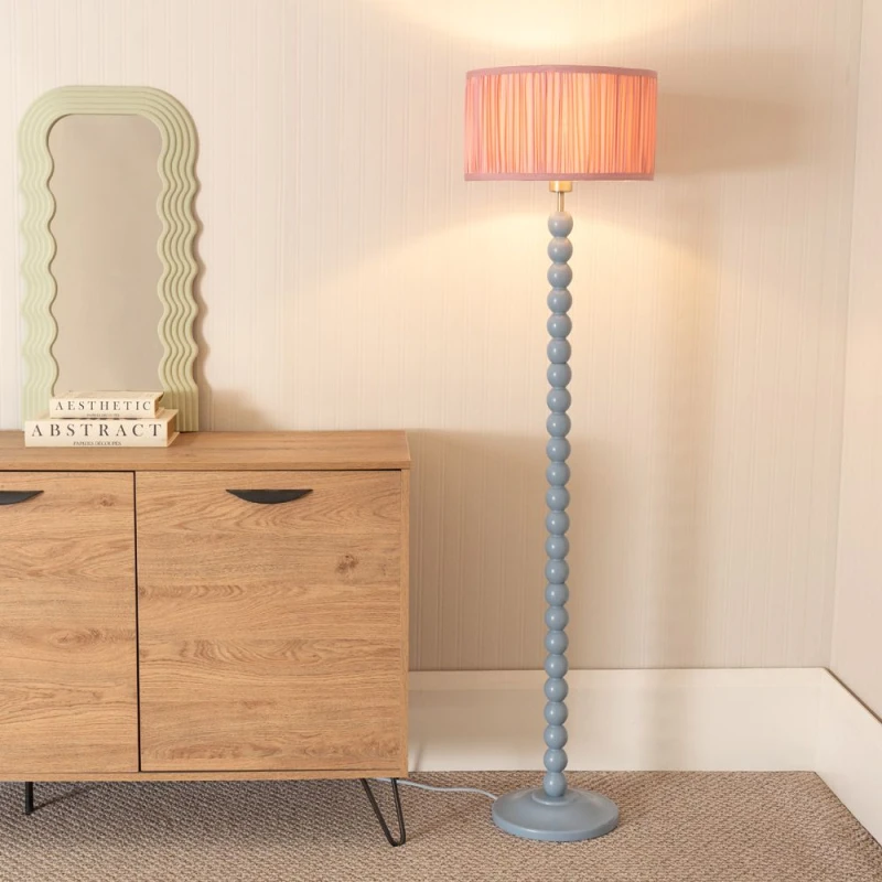 Image of ValueLights Bobbins Powder Blue Floor Lamp with Ruched Pleated Drum Lamp Shade Light Pink