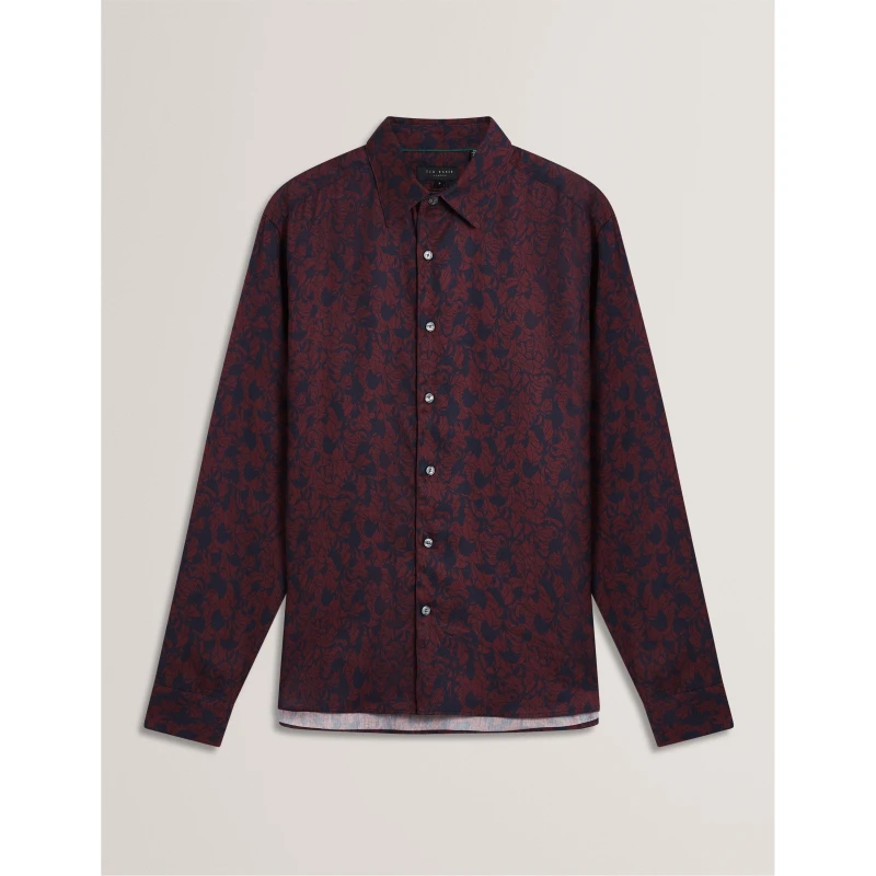 Image of Ted Baker Mens Floral Long-Sleeve Patterned Shirt Maroon male S (2)