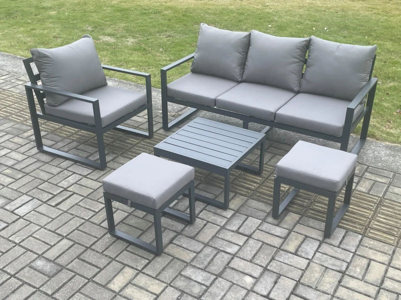 Image of Fimous Aluminium Outdoor Garden Furniture Set Lounge Sofa Chair Square Coffee Table Sets with 2 Small Footstools Dark Grey Dark Grey Unisex