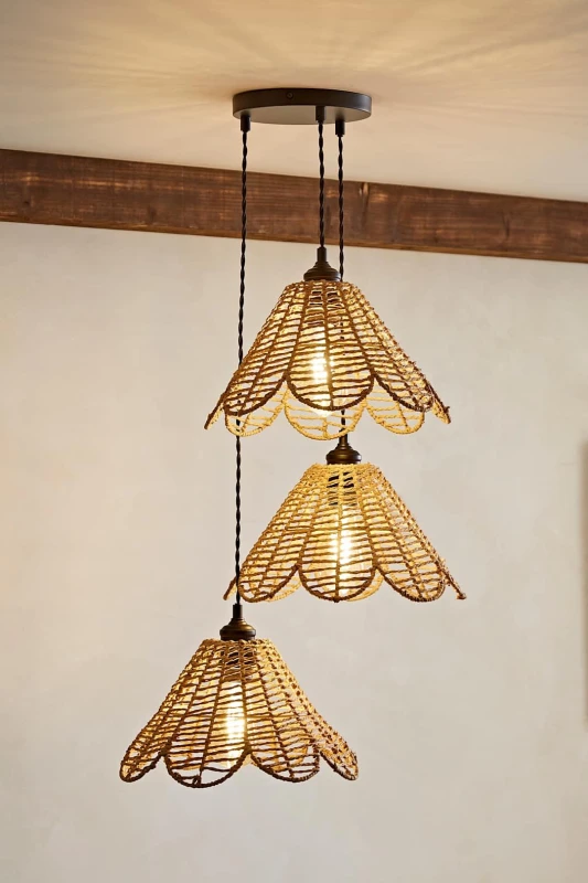 Image of ValueLights ValueLights Vine Rattan Flower Shade 3 Drop Cluster Matte Black Ceiling Pendant Light in Natural Natural One Size Unisex 5059406062469