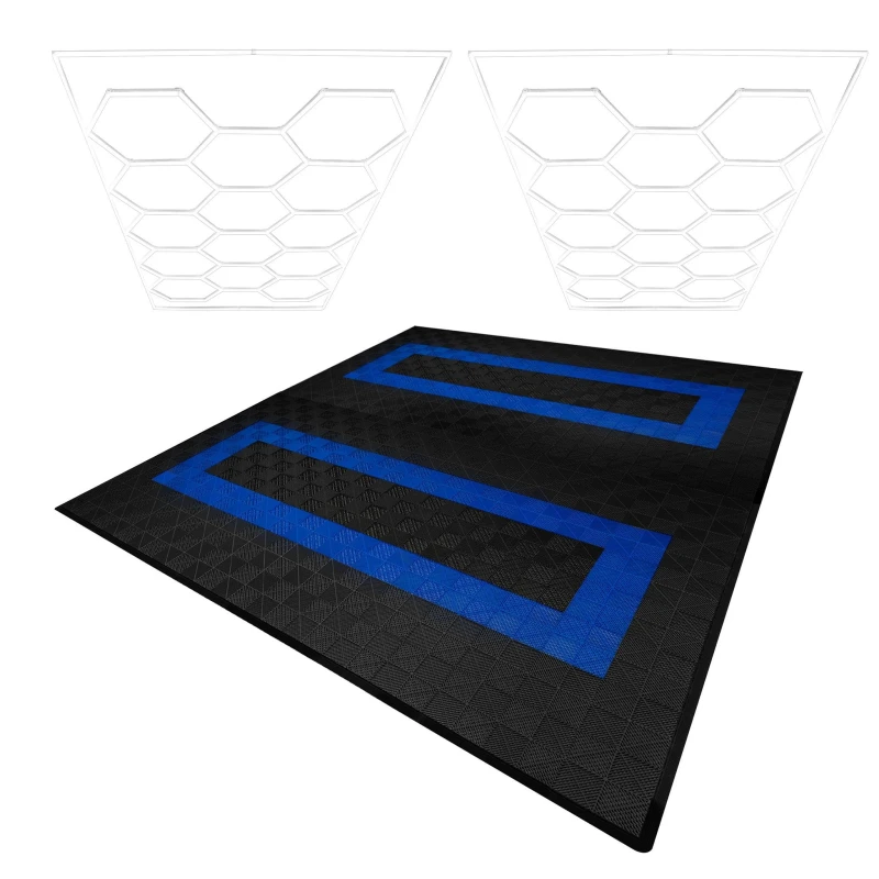 Image of Monstershop Hexagon LED Lights x 2 & Vented Garage Floor Tiles With Edges - 165 Black & 60 Blue Black