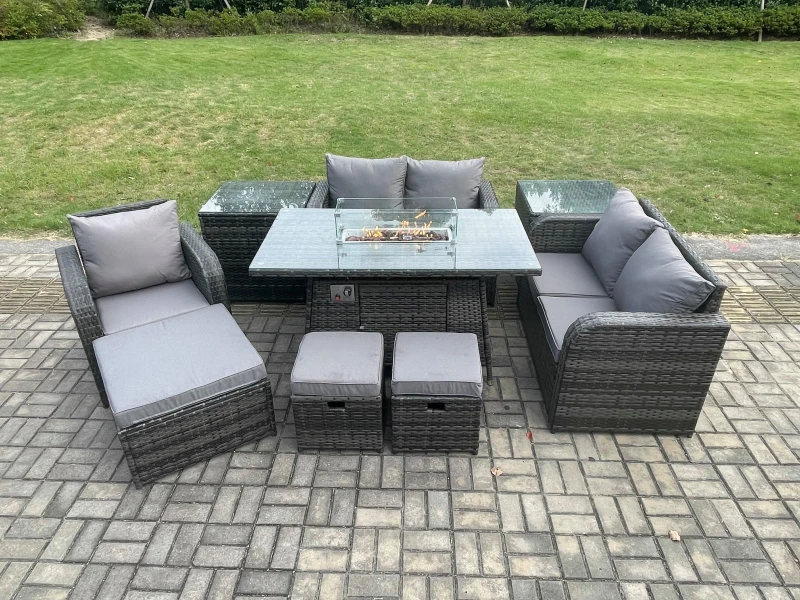 Image of Fimous Outdoor Sofa Rattan Garden Furniture Set Patio Gas Fire Pit Dining Table and Reclining Chair set with 2 Side Tables 3 Footstools Dark Grey
