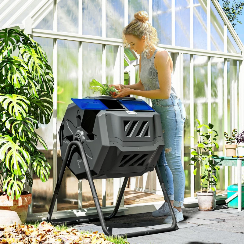 Image of Outsunny 160L Outdoor Tumbling Compost Bin with Dual Chamber - Blue TJ Hughes Yellow 5061025115341