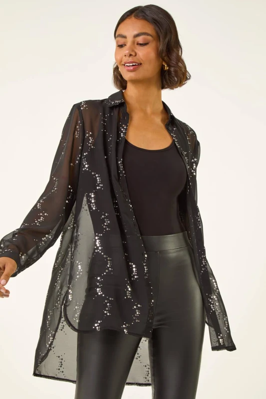 Image of Roman Womens Spot Foil Print Longline Shirt in Black Size: 10 Black Female 10