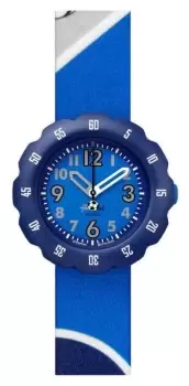 Image of Flik Flak FPSP045 KICK IT! Blue Football Print Fabric Watch
