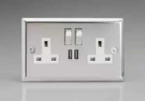 Image of Varilight 2-Gang 13A Single Pole Switched Socket with Metal Rockers with 2x5V DC 2100mA USB Charging Ports - XC5U2SDW