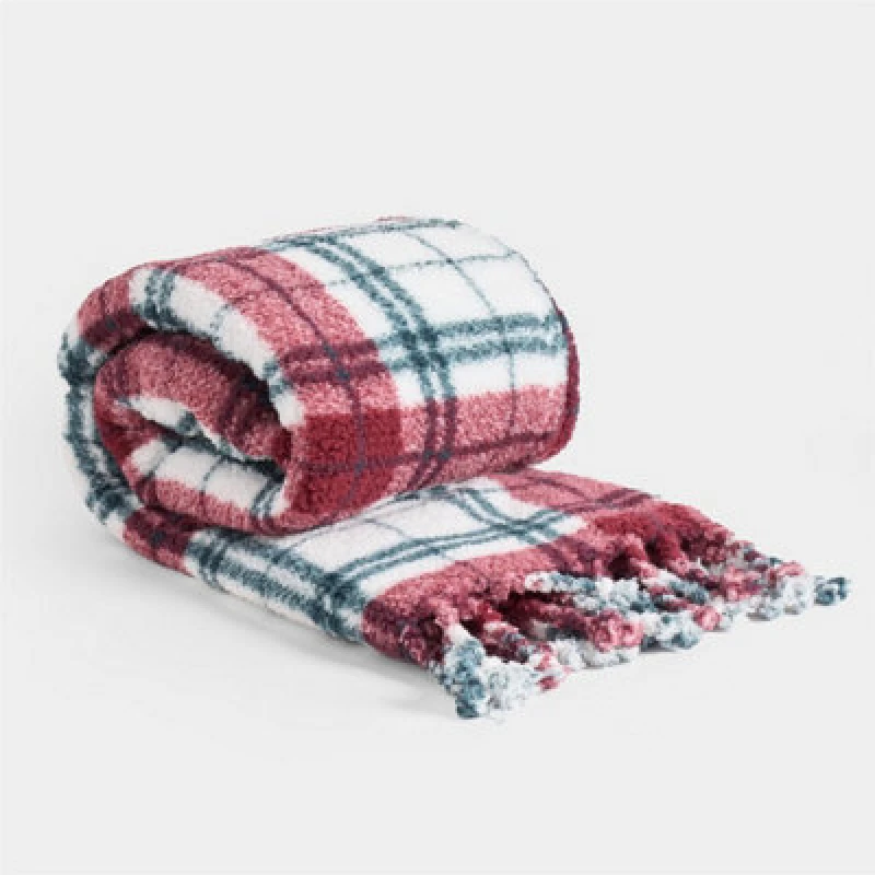 Image of OHS OHS Check Tassel Sherpa Fleece Throw Ultra Soft Cosy Blanket in Green Size: 120cm x 150cm Green 120cm x 150cm Unisex 5027434227655