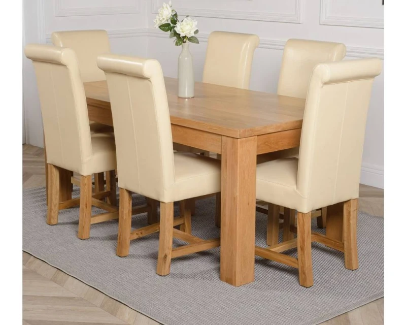 Image of Thats Furniture Dakot 182 x 92cm Oak Large Dining Table & 6 Washington Leather Chairs in Cream Size: 182 x 92cm Cream Unisex 182 x 92 cm