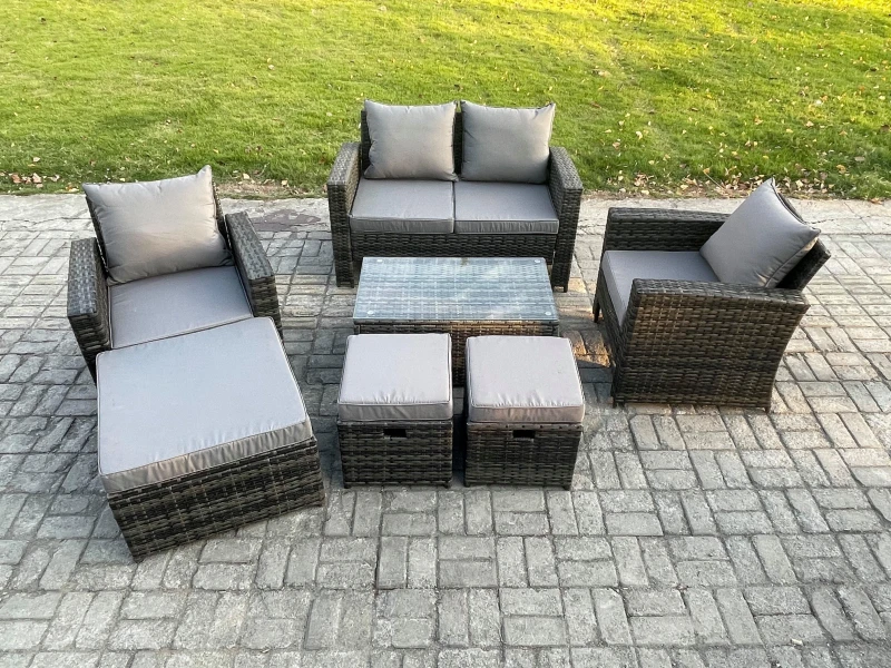 Image of Fimous 7 Seater Outdoor Lounge Sofa Set Wicker PE Rattan Garden Furniture Set with Rectangular Coffee Table Double Seat Sofa in Dark Grey Dark Grey Un
