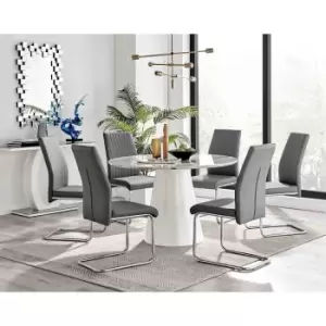 Image of Furniture Box Palma White Marble Effect Round Dining Table and 6 Grey Lorenzo Chairs