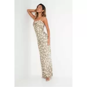 Image of I Saw It First Khaki Satin Animal Cowl Neck Maxi Dress - Green