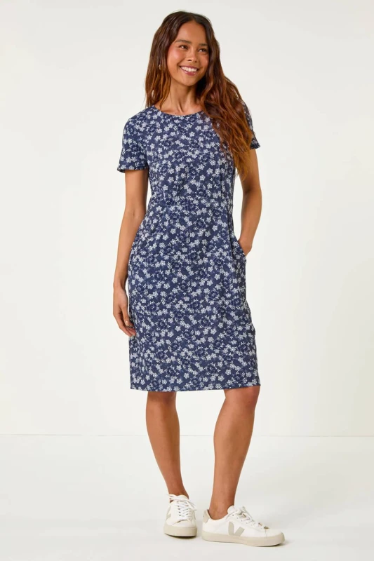 Image of Roman Womens Petite Ditsy Floral Pocket Stretch Dress in Navy Size: 12 Navy Female 12