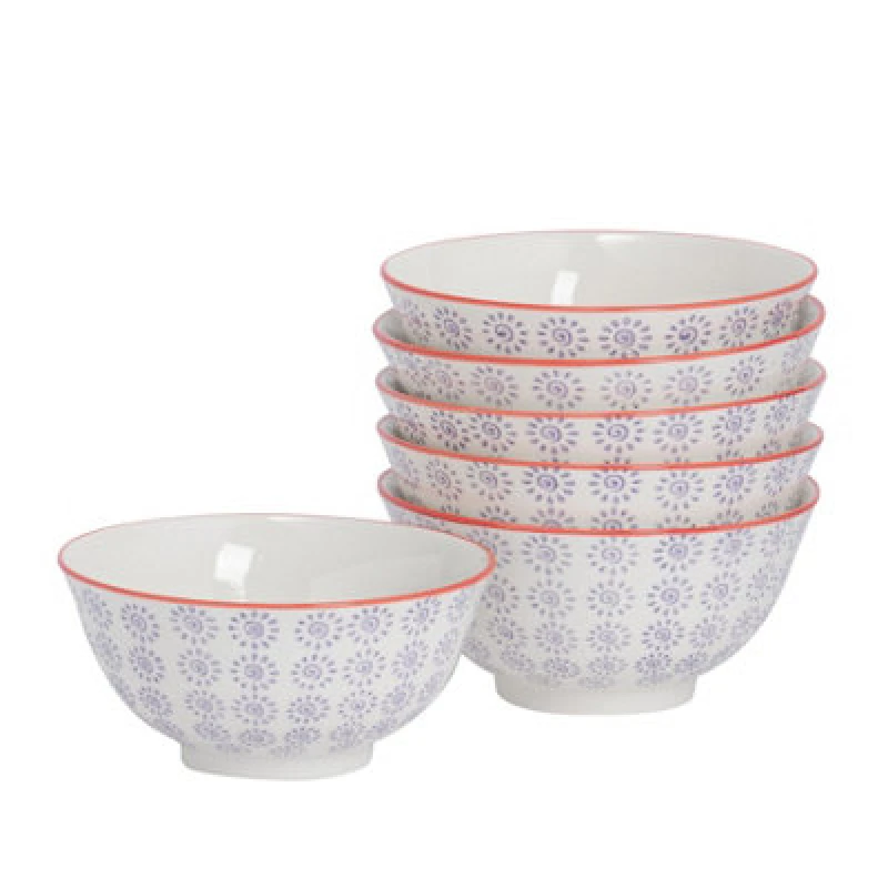 Image of Nicola Spring Hand-Printed Cereal Bowls - 16Cm - Purple - Pack Of 6