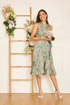 Image of Green Floral Satin Wrap Dress