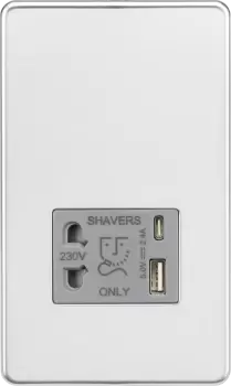 Image of Knightsbridge Shaver socket with dual USB A+C (5V DC 2.4A shared) - polished chrome with grey insert - SF8909PCG