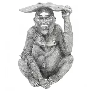 Image of Silver Art Gorilla and Baby Under Leaf Ornament