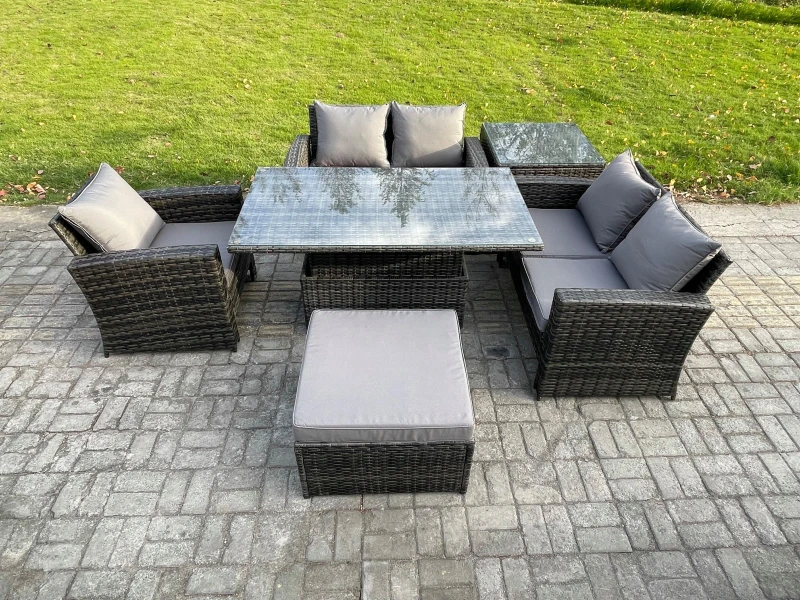 Image of Fimous 6pcs Rattan Outdoor Garden Furniture Set Height Adjustable Rising Lifting Table Sofa Dining Set with Big Footstool Side Table Dark Grey Mixed D