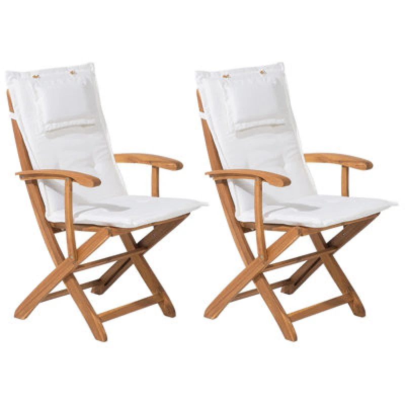 Image of Beliani Set Of 2 Garden Chairs With Cushions Maui Acacia Wood Off-White