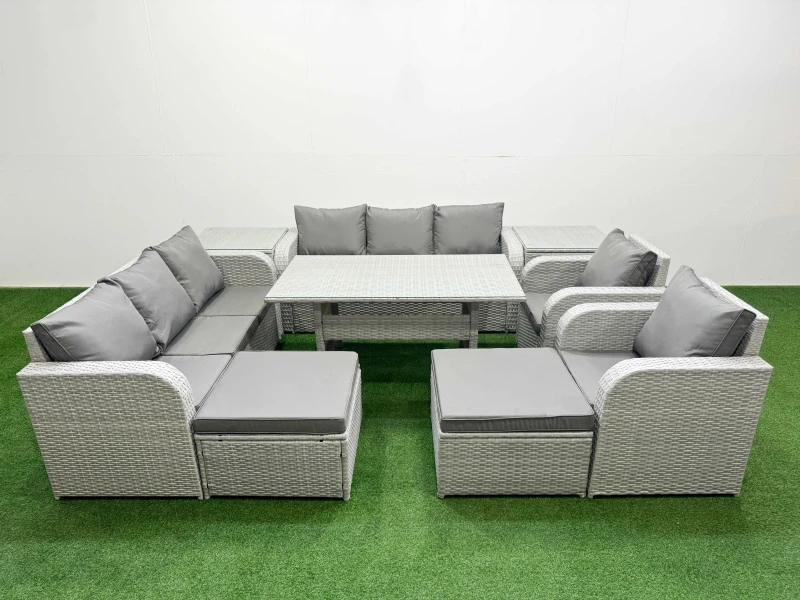 Image of Fimous PE Rattan High Back Lounge Sofa Set Patio Rectangular Dining Table & Chairs Set with 3 Seater Sofa Reclining Chair 2 Big Footstool 2 Side Table