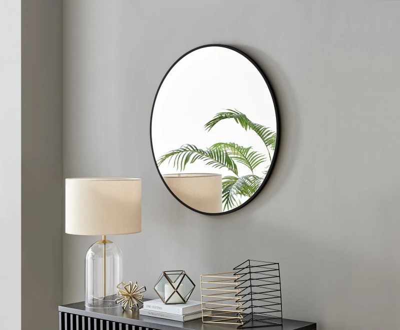 Image of FurnitureboxUK FurnitureboxUK Emma 80cm Medium Art Deco Metal Frame Round Hallway Bedroom Dining And Living Room Wall Mirror in Black One Size U