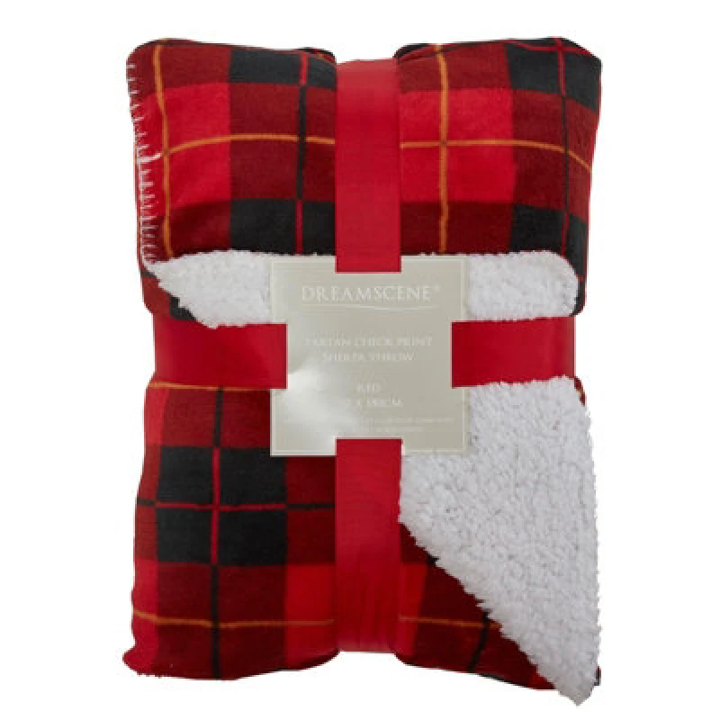 Image of OHS OHS Large Tartan Sherpa Flannel Fleece Throw Over Bed Blanket Check Red Size: 150cm x 180cm Red 150cm x 180cm Unisex 5027434001552