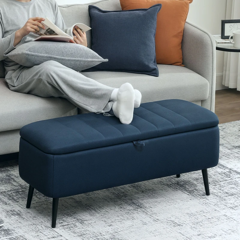 Image of HOMCOM HOMCOM Storage Ottoman Linen Fabric Bench with Flip Top for Living Room in Dark Blue Dark Blue One Size Unisex 5063603045125
