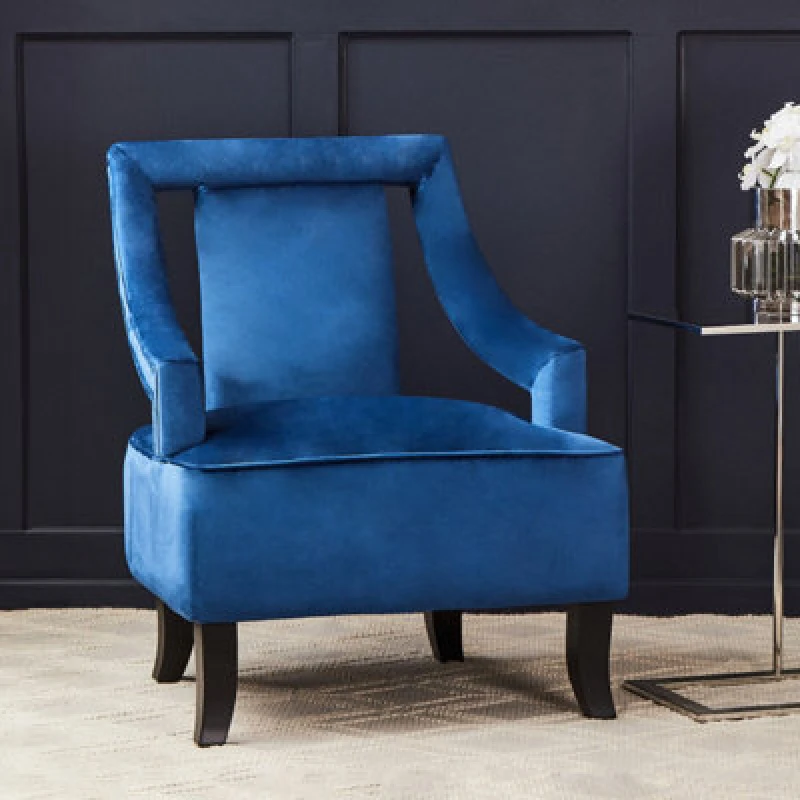 Image of Orsina Midnight Blue Velvet Chair, Plush Midnight-Blue Velvet Upholstery With Curved Back, Metal Legs Seating