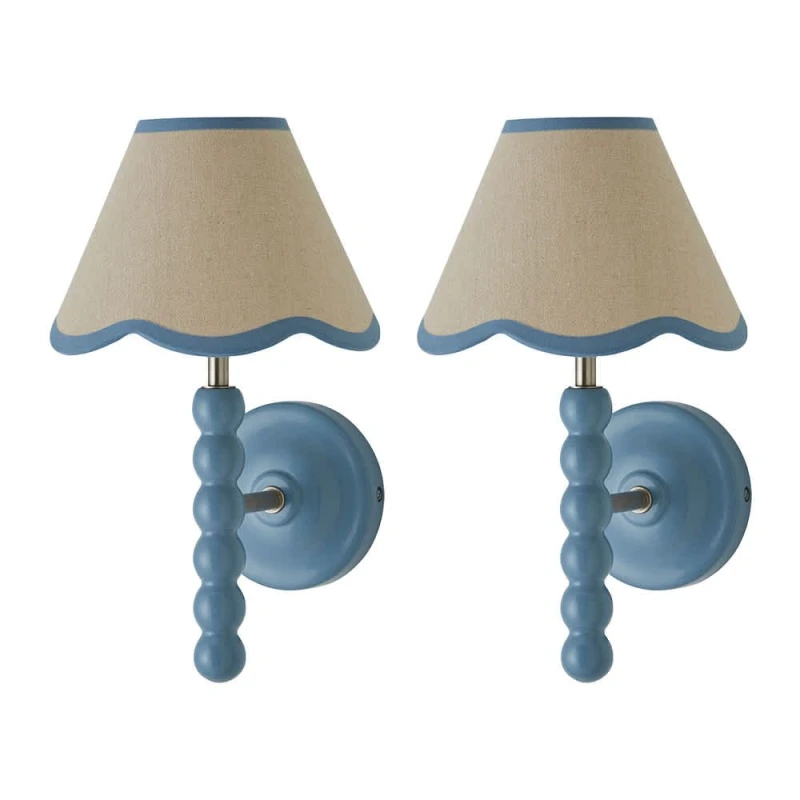 Image of ValueLights Bobbins Pair of Blue Wall Lights with Linen Trim Lamp Shades & Bulbs in Pale Blue Pale Blue Unisex