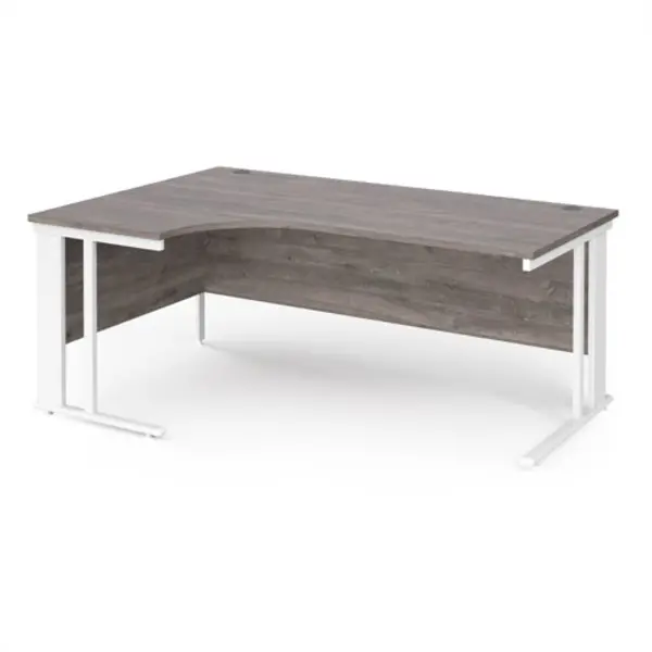 Image of Maestro 25 left hand ergonomic desk 1800mm wide - white cable managed leg frame, grey oak top