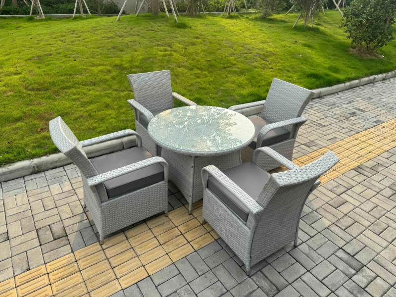Image of Fimous Rattan Furniture Set with 1 Big Round Coffee Table & 4 Seater Chairs in Light Grey Light Grey Unisex