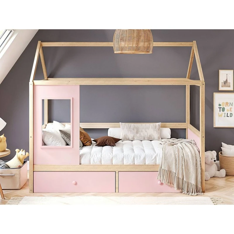 Image of Flair Ted Play House Wooden Bed with Storage in Pink Size: Single Pink Unisex Single