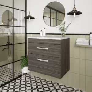 Image of Nuie - Athena Wall Hung 2-Drawer Vanity Unit with Sparkling White Worktop 600mm Wide - Anthracite Woodgrain