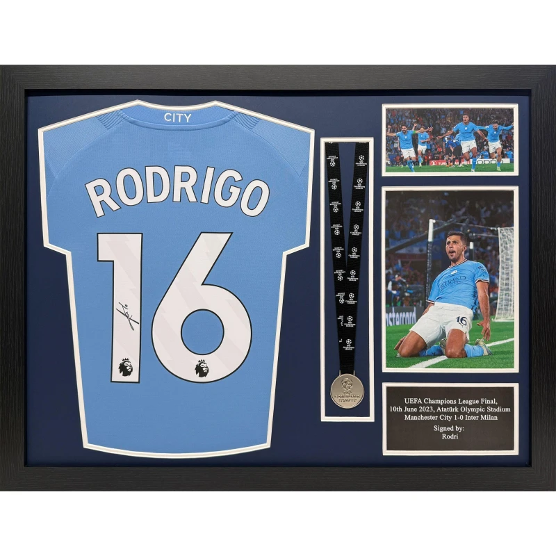 Image of AllStarSignings Ltd Rodri signed & framed Manchester City shirt Blue unisex One Size