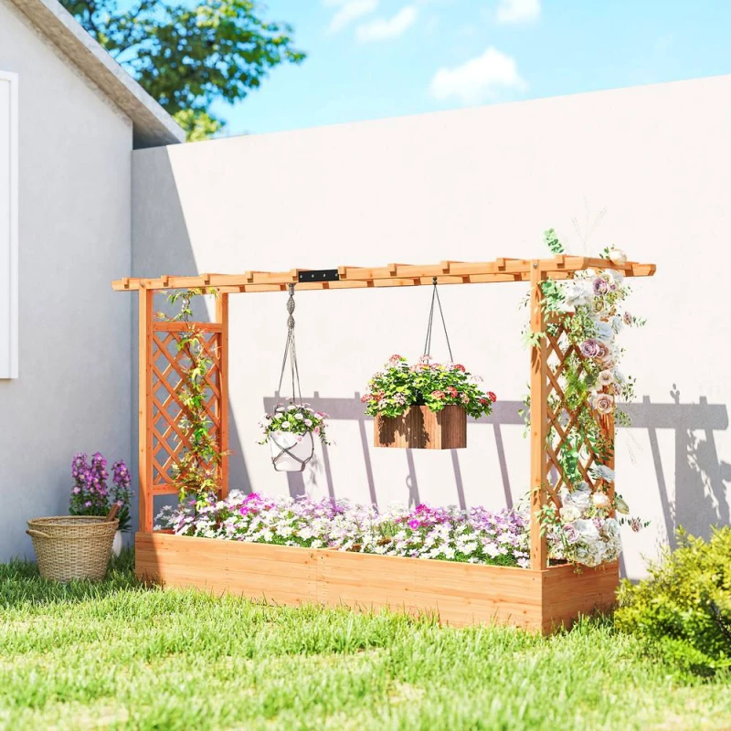 Image of OUTSUNNY Raised Bed for Garden with Trellis, 200 x 44 x 113.5 cm, Natural Size: 200 x 44 x 113.5cm Natural Unisex 200 x 44 x 113.5 cm