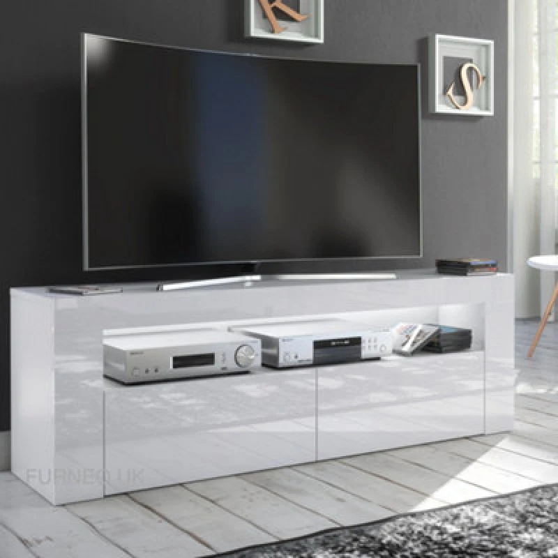 Image of Furneo White TV Stand 145Cm Unit Cabinet Matt & High Gloss Clifton 13 White LED Lights