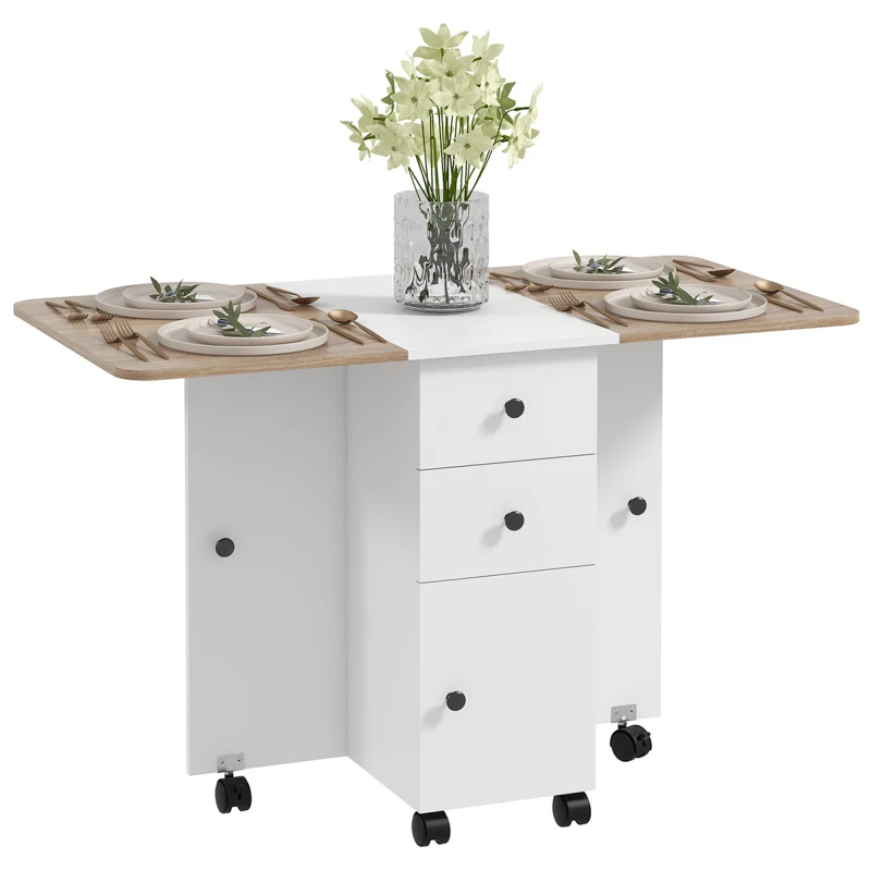 Image of HOMCOM Folding Dining Table - Drop Leaf Table With Drawers Distressed - Oak and White TJ Hughes 5061025072866