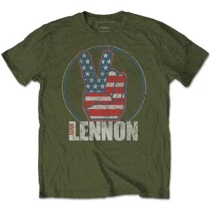 Image of John Lennon - Peace Fingers US Flag Mens Medium T-Shirt - Military Green