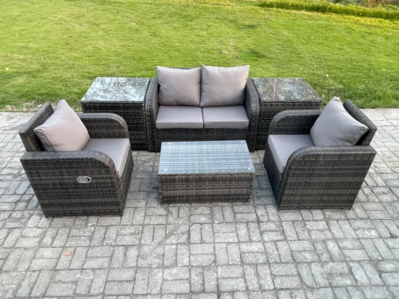 Image of Fimous 6 PC Outdoor PE Rattan Garden Furniture Set Wicker Love Sofa Coffee Table 2 Armchair 2 Side Tables Dark Grey Mixed Dark Grey