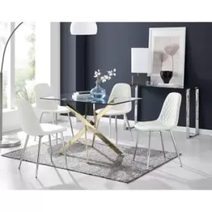 Image of Furniturebox Leonardo 120cm Modern Glass And Gold Metal Leg Dining Table And 4 White Corona Faux Leather Dining Chairs with Silver Legs Diamond Stitch