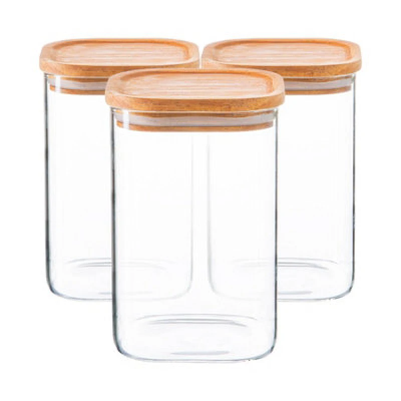 Image of Argon Tableware Square Glass Storage Jars with Wooden Lids 1.1 Litre Pack of 3 Clear