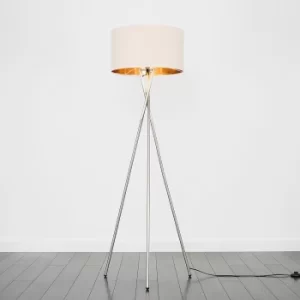Image of Camden Brushed Chrome Tripod Floor Lamp with XL Fawn and Gold Reni Sha