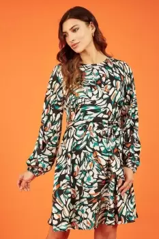 Image of Multicolour Abstract Brushstroke Long Sleeve Skater Dress