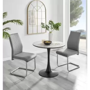 Image of Furniturebox UK - Furniturebox Elina White Marble Effect Modern 80cm Round Dining Table & 2 Grey Lorenzo Faux Leather Chairs