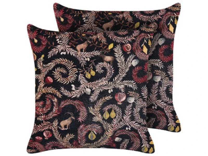 Image of Beliani Set Of 2 Decorative Cushions Ricinus Velvet 45 X 45cm Black Oriental Pattern