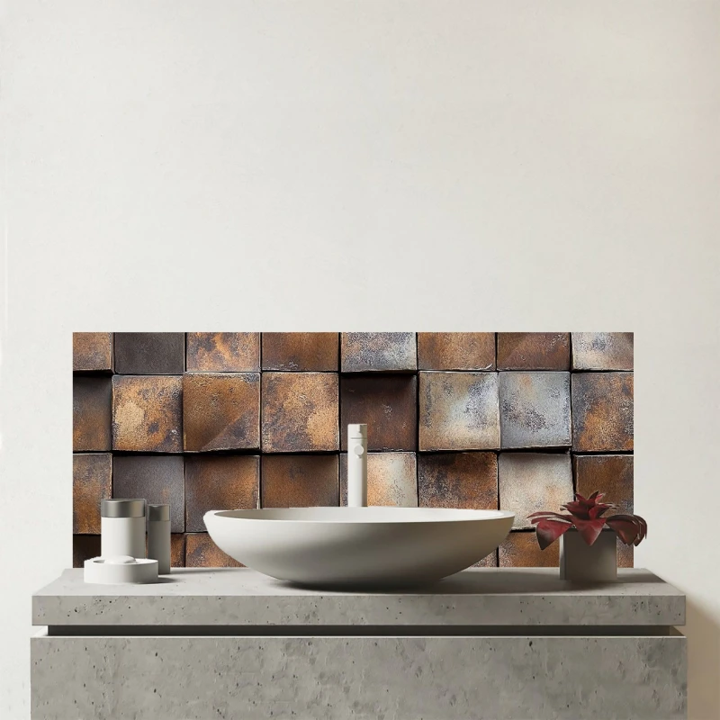 Image of Warren Reed - Designer Brown Square Brick Design Glass Bathroom Splashback Brown Unisex