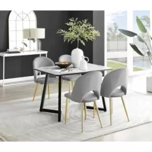 Image of Furniturebox Carson White Marble Effect Recatngular 120cm Dining Table & 4 Grey Arlon Gold Leg Velvet Chairs